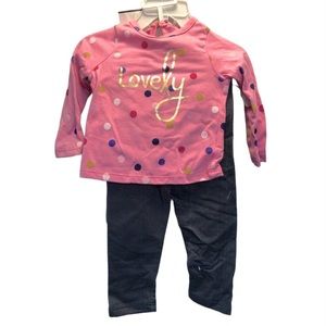 Cutie pie 3 piece long sleeve/hooded vest outfit, pink/white/blue, 12 M.